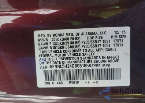 2016 Honda Odyssey Lx из США, поврежденный, VIN 5FNRL5H24GB051658